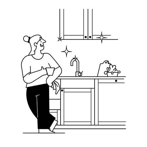 Drawing of a woman standing in a shiny new kitchen