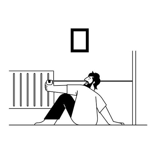 Drawing of a man sitting on the floor with a measuring tape