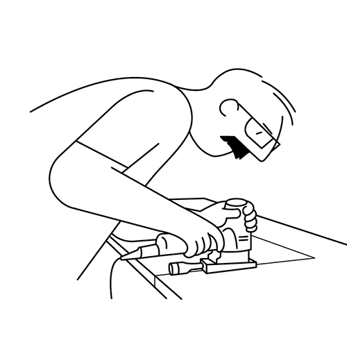 Drawing of main sawing out a kitchen sink in a kitchen worktop