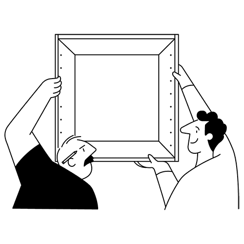 Kuvituskuva kahdesta miehestä, jotka asentavat keittiön yläkaappia