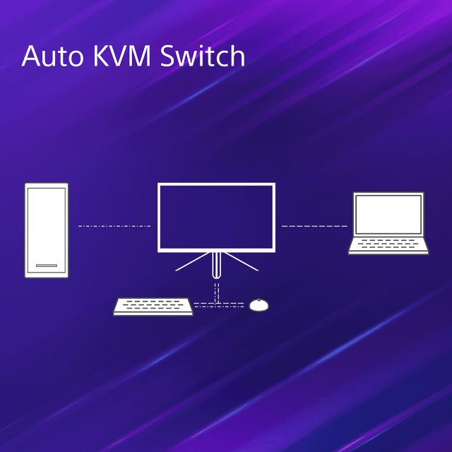 Illustration of Sony Inzone monitor, keyboard, mouse, stationary PC and a laptop next to it