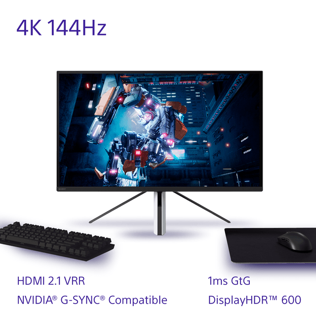 Sony Inzone M9 monitor, keyboard, mouse and mousepad and infographics