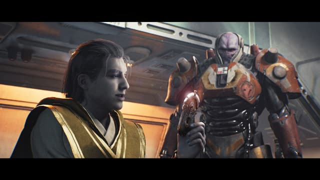 Skjermbilde fra spillet Star Wars Jedi Survivor med to av fiendene til Cal