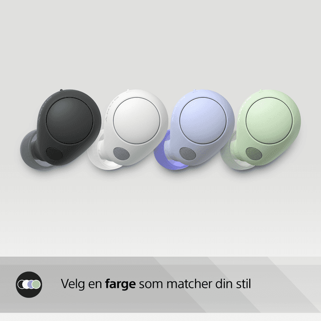 Sony WF-C700 i alle fire farger som svart, hvit, lyseblå og lysegrønn og teksten Vel enfarge som matcher din stil