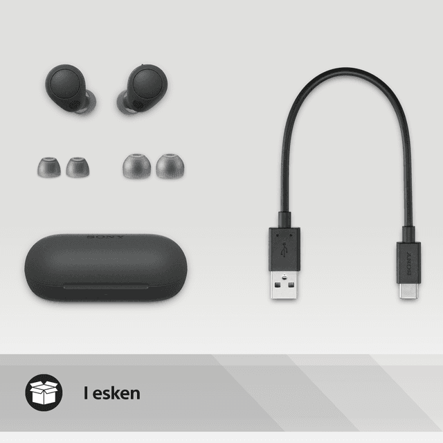 Sony WF-C700 i svart og tilbehøret som følger med i esken som ekstra propper, ladeetui og usb-kabel