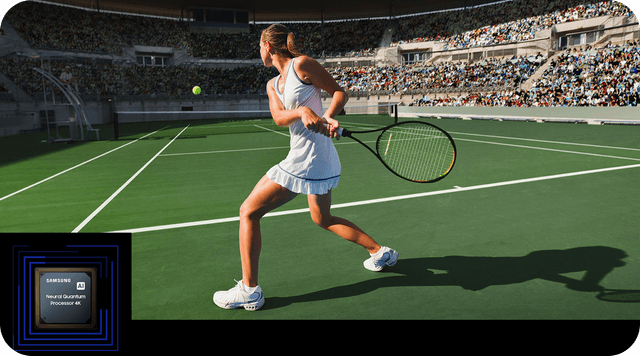 Samsung TV ja Neural Quantum Processor 4K -suoritin ja tyttö pelaamassa tennistä