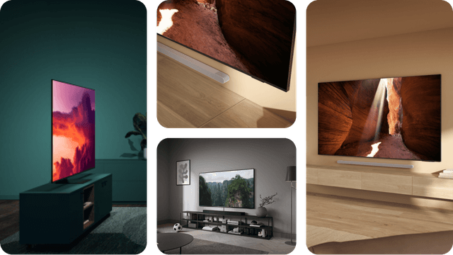Bildekollasje av Samsung TV-er i ulike stuer