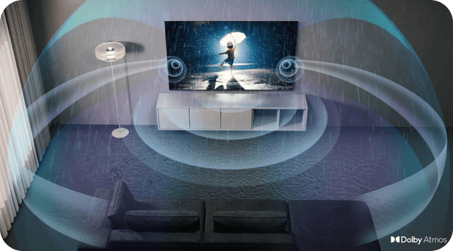 Samsung TV med Dolby Atmos og lydbølger rundt i lokalet