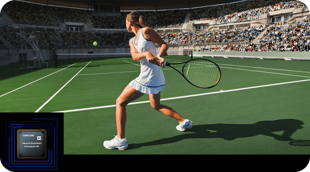 Samsung TV med Neural Quantum Processor 8K och en tjej som spelar tennis