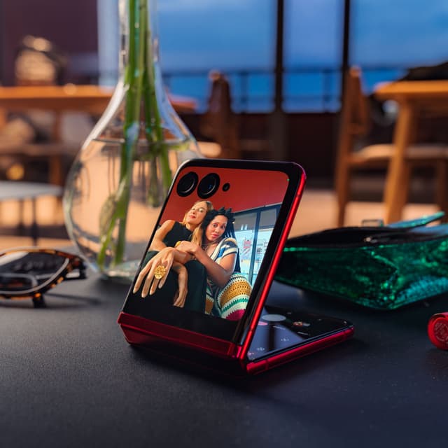 Motorola Razr på ett bord bredvid en blomvas