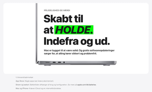 Apple - Billede af en åben macbook set fra siden med text i det åbne mellemrum mellem skærm og tastatur