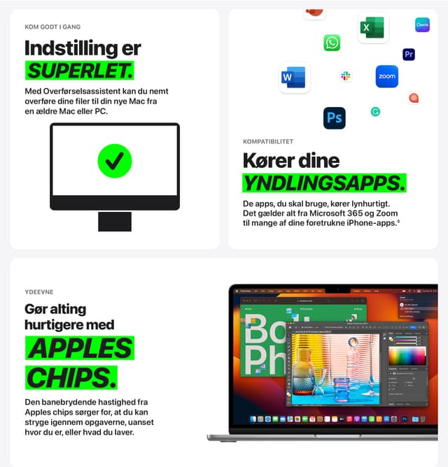Apple - Billedkollage af forskellige funktioner med apple silicon, og et billede af en macbook for flere åbne vinduer