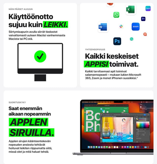 Käyttöönotto sujuu kuin leikki. Kaikki keskeiset appisi toimivat. Saat enemmän aikaan nopeammin Applen siruilla.