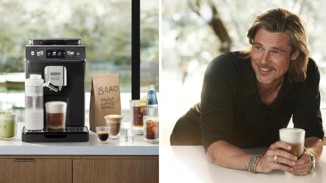 Delonghi  Eletta Explore -kahvikone ja Brad Pitt, joka nauttii erikoiskahvista