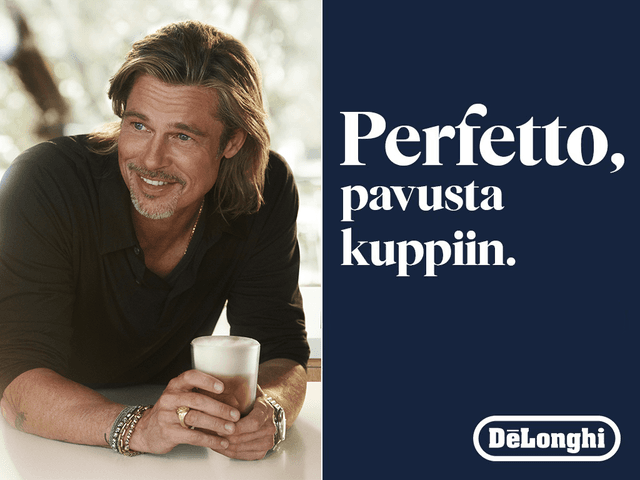 DeLonghi-yläbanneri, jossa Brad Pitt näyttelijä nauttiin De'Longhi-kahvista