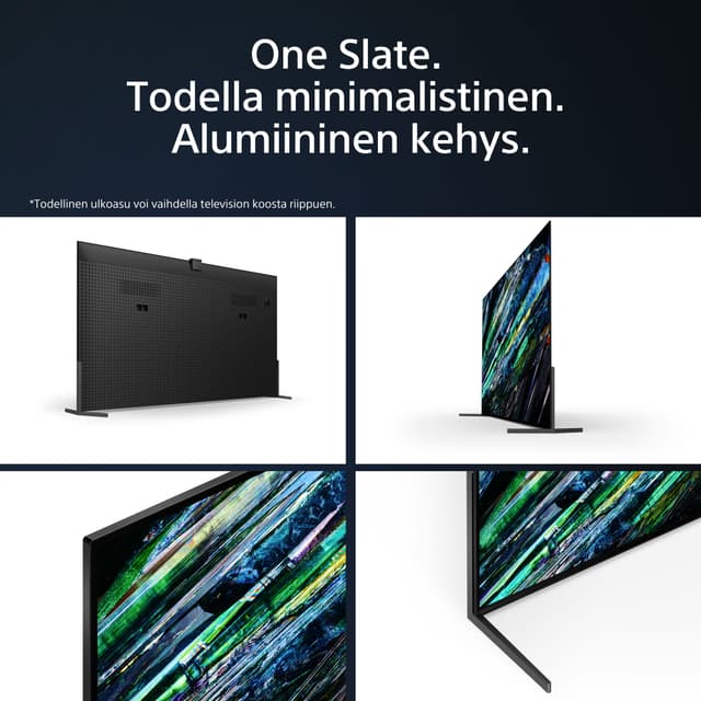 Eri Sony A95L -televisioita havainnollistamassa TV:n aidosti minimalistista muotoilua