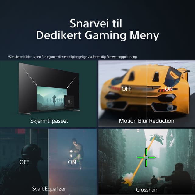 Sony - TV -  Forskjellige Sony A95L TV-er og teksten 'Snarvei til dediekert Gaming Meny'