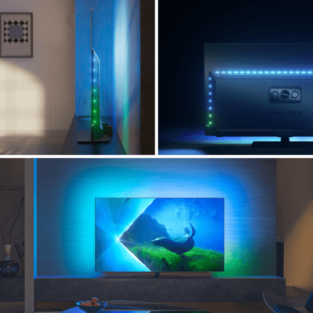Kuvakollaasi, jossa erilaisia Philips OLED-televisioita