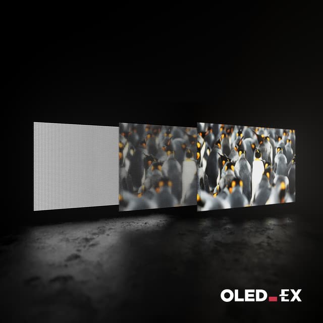 Philips OLED -television näyttö jaettu kolmeen eri tasoon, sekä OLED EX-teksti