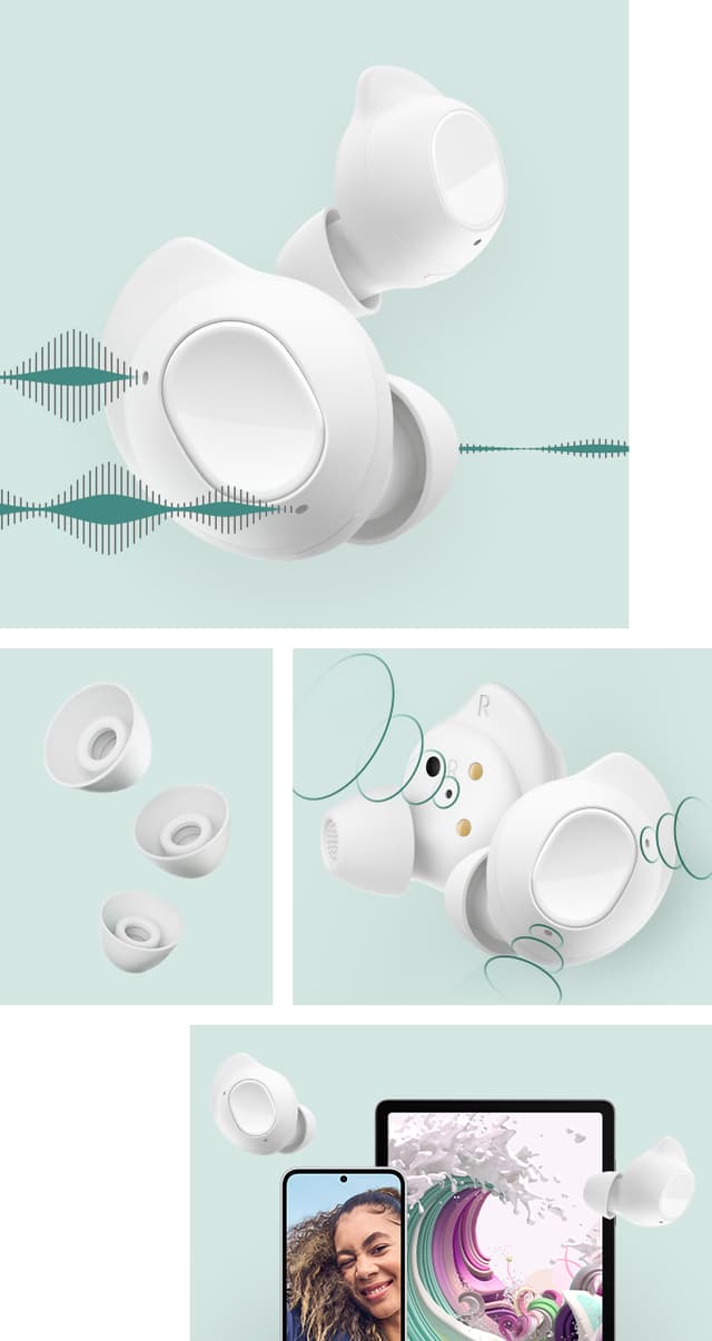 Samsung Buds FE -kuulokkeet sekä tabletti ja älypuhelin