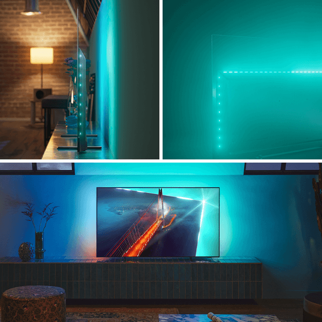 Kuvakollaasi, jossa olohuoneeseen sijoitettu Philips OLED708 -televisio eri kuvakukulmista kuvattuna