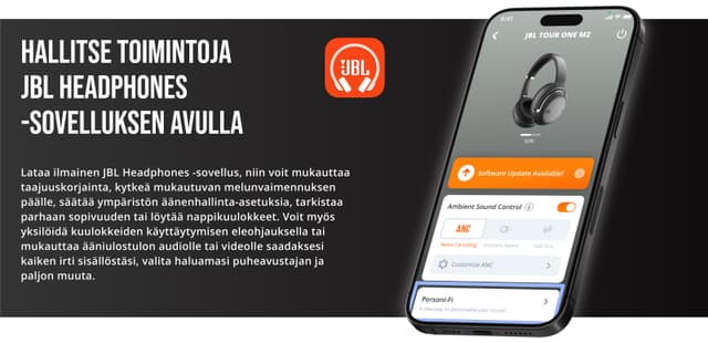 Älypuhelin, jossa näkyy JBL Headset -sovellus, sekä tietoa JBL Tour Pro 2 -kuulokkeista