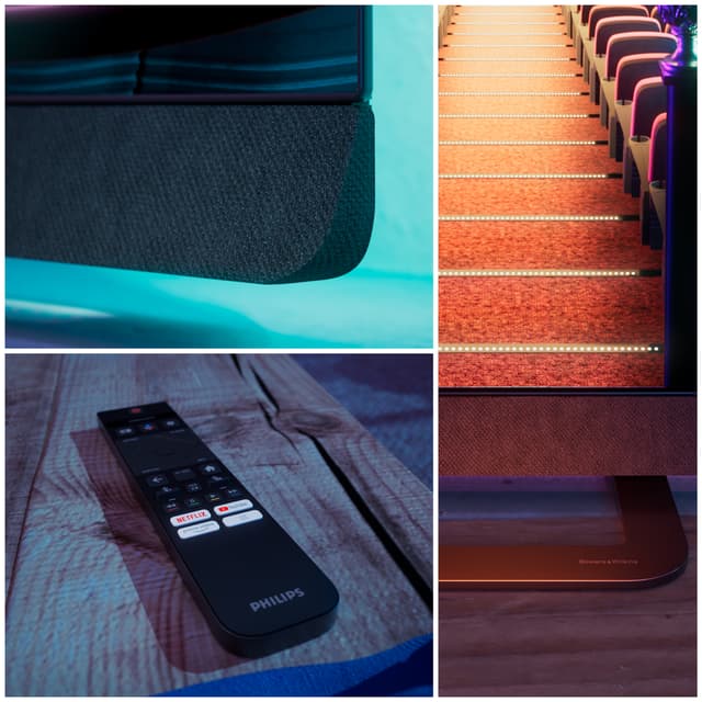 Collage av Philips OLED908 tv avbildad från olika vinklar i ett rum