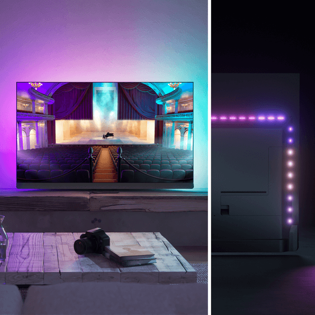 Philips OLED908 TV med Ambiligt-ljuset på i lila och turkosa färger