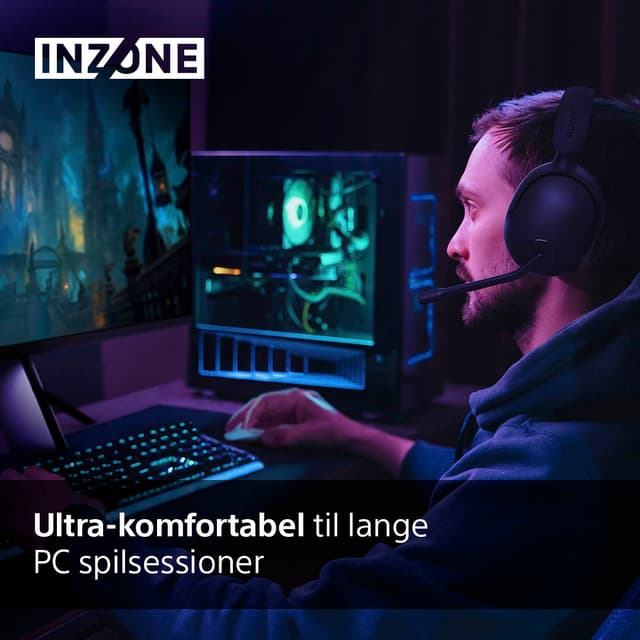 Mand der gamer med Sony INZONE H5 trådløse gaming-høretelefoner og teksten Ultra komfortabel til lange PC spilsessioner