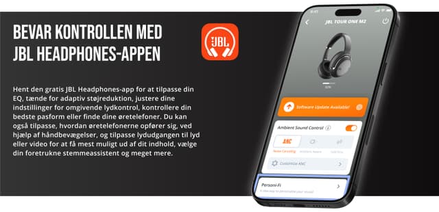 Smartphone med JBL Headphones-appen på skærmen