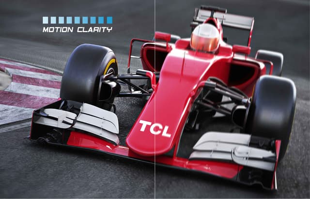 Kuva punaisesta formula-autosta TC P745 -television näytöllä, sekä teksti Motion Clarity