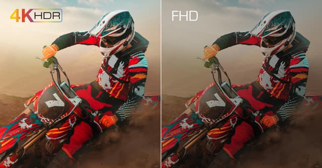 Jaettu kuva jossa tumma ja kirkas kuva motocross-kuljettajasta kuvanlaadun havainnollistamiseksi
