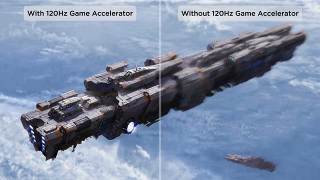 Tietokoneanimoitu kuva avaruusaluksesta sekä teksti 120Hz Game Accelerator