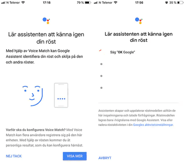 Konfigurering av Google Assistant Voice Match SE.