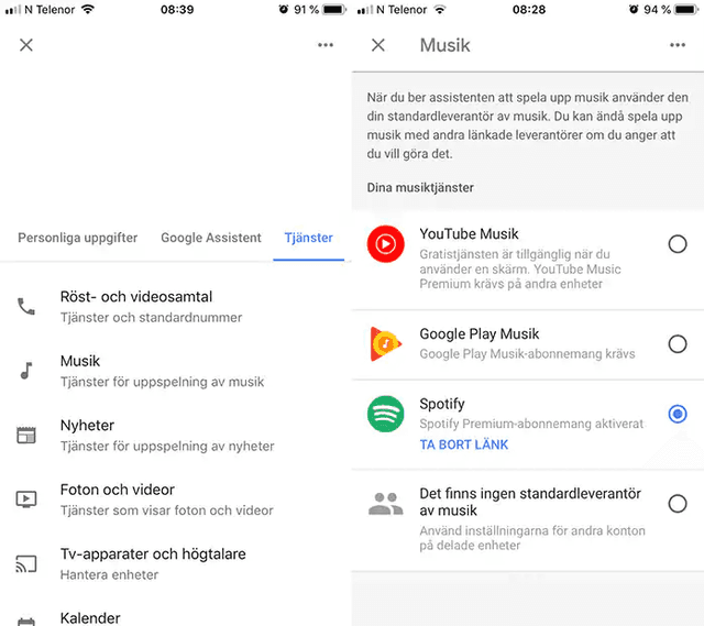 Konfigurering av musik Google Assistant SE.