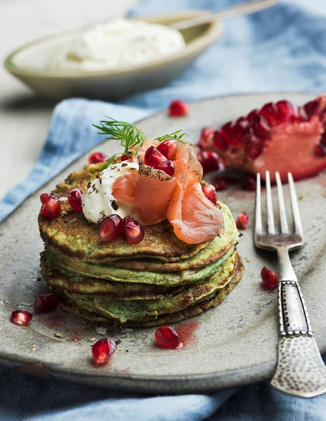 Pancake Day 2024 - Stacked spinach pancakes with salmon and pomegranate