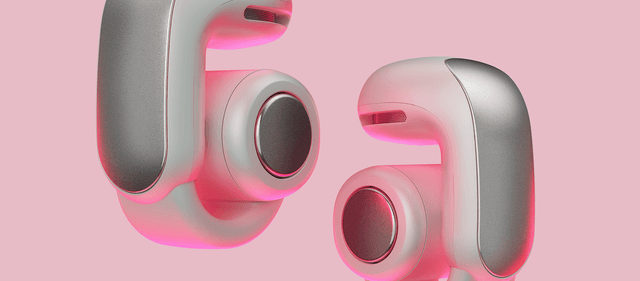 Avoimet Bose Ultra -nappikuulokkeet pinkkiä taustaa vasten