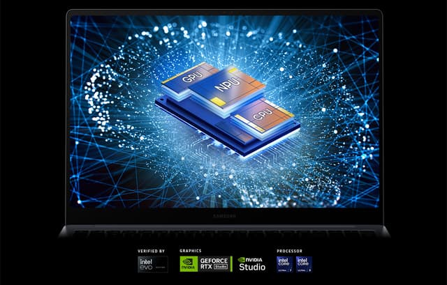 Galaxy Book4 Ultra med GPU, NPU och CPU-chip visas på skärmen