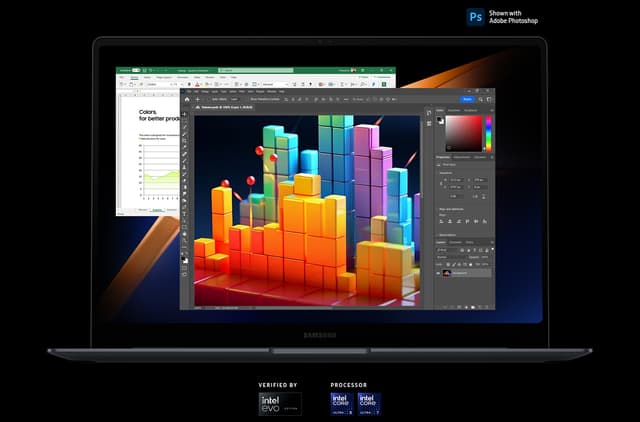 Galaxy Book 4 Pro med Adobe Photoshop- og Microsoft Excel-apps åbnes på skærmen