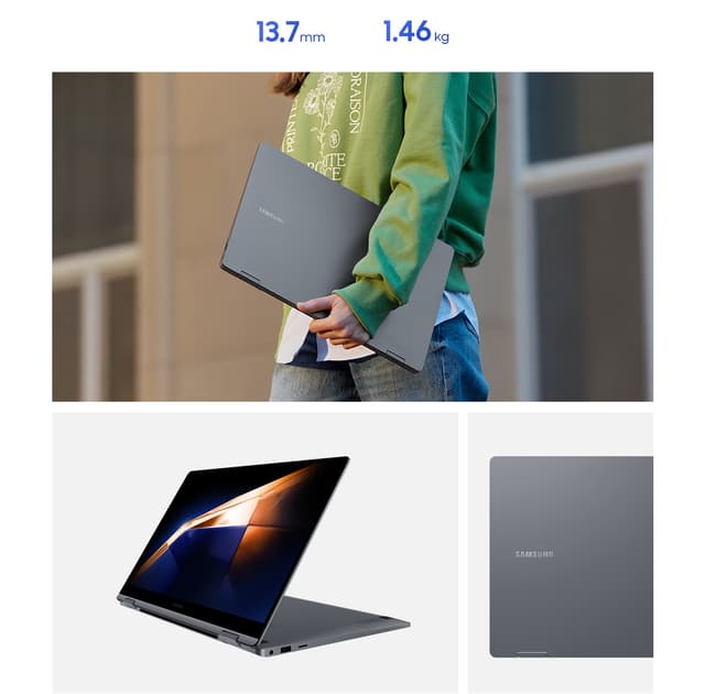 Nuori nainen kantaa Galaxy Book4 360 -tietokonetta kainalossaan kävellessään ulkona