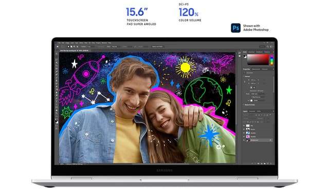 Galaxy Book4 360  ja Adobe Photoshop -sovellus auki koko ruudulla