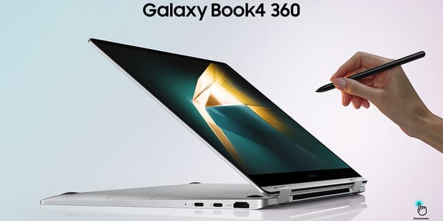 Galaxy Book4 360 -tietokone taitettuna ja henkilö, jolla on kädessään S Pen