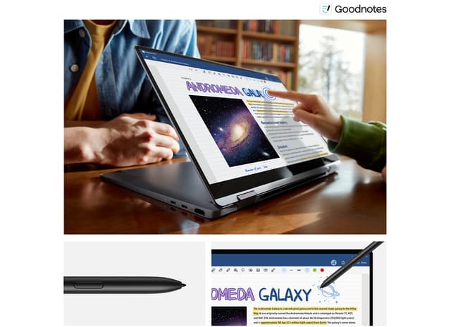 Henkilö käyttää kosketusnäytön ominaisuuksia Goodnotes -sovelluksella Galaxy Book4 360 -tietokoneella
