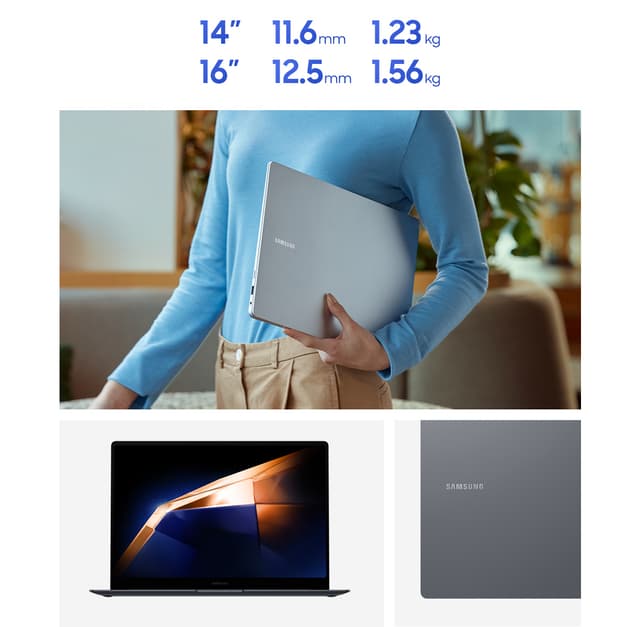 En dame går mens hun holder en Galaxy Book4 Pro under armen