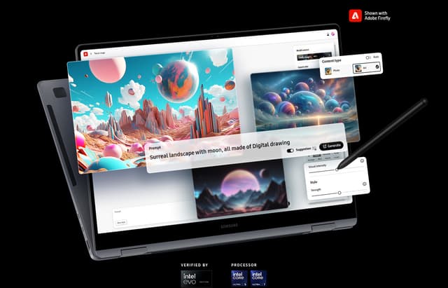 Galaxy Book4 Pro 360 med Adobe Firefly på skjermen