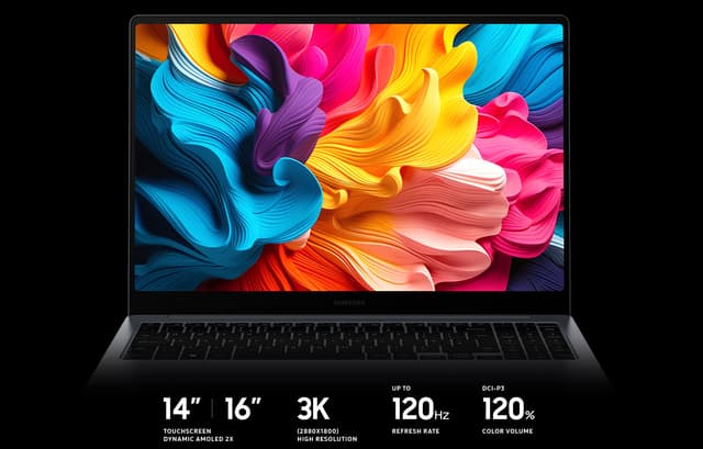 Galaxy Book4 Pro med en fargerik bakgrunnsbilde