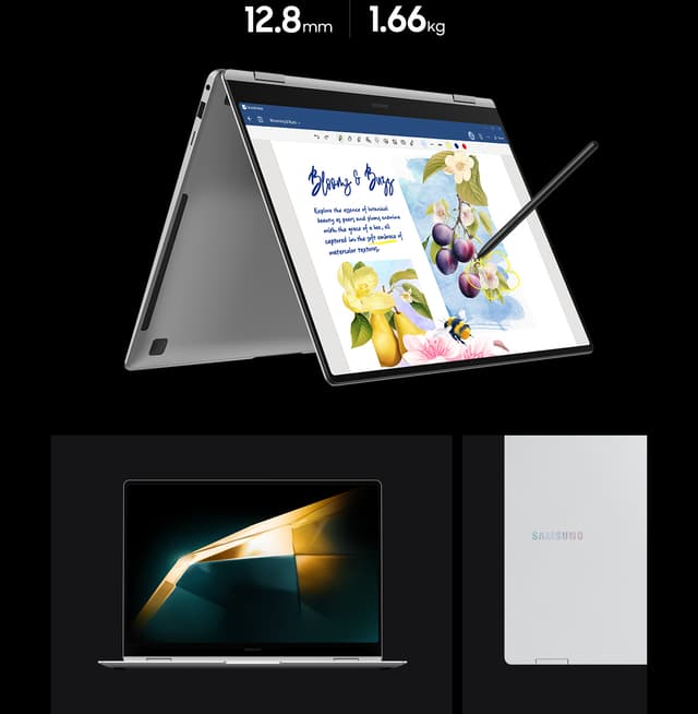 Galaxy Book4 Pro 360 står brettet som et telt med Goodnotes på skjermen