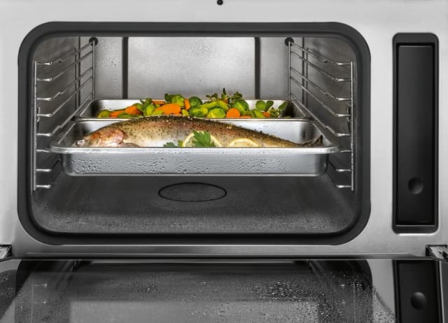 Miele dampovn med stort ovnrum og fad med fisk og grøntsager