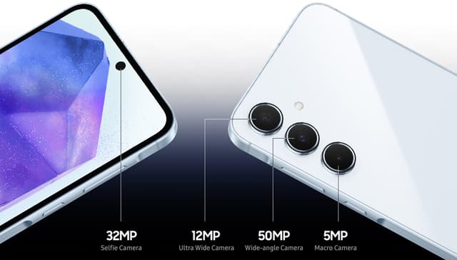 Samsung Galaxy A55 med front- og bakkamera for å brukes samtidig