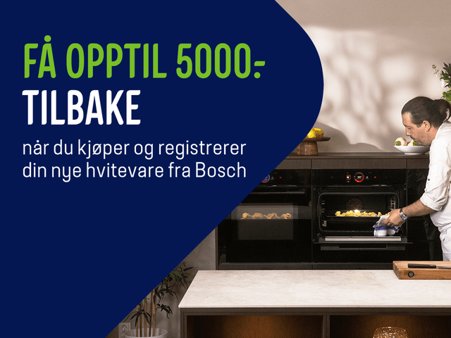 Mann som tar ut av en Boch-ovn og teksten Få topptil 5000,- tilbake
